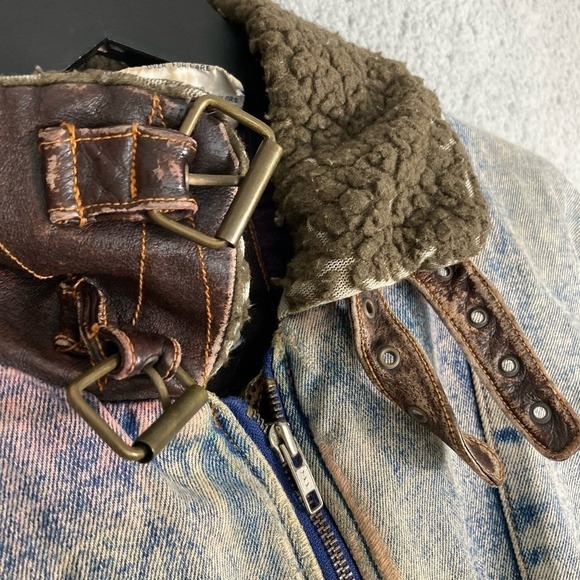 Vintage TRIM Sherpa Lined Acid Wash Denim Bomber Jacket Men’s L Aviator Patch - Picture 16 of 16